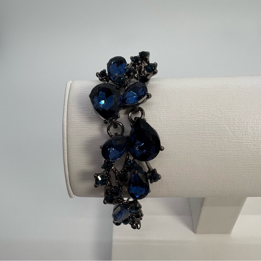 Blue Crystal Rhinestone Teardrop Bridal Party Black Tone Bracelet